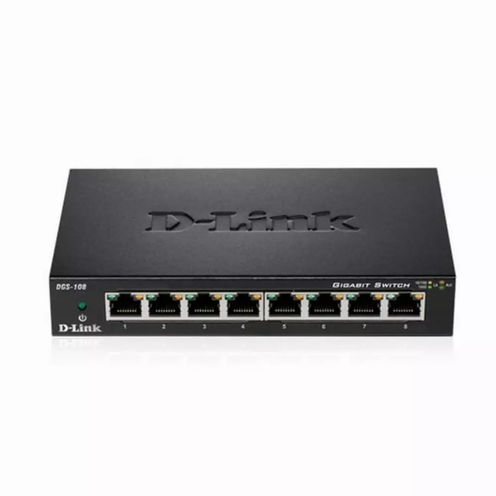 Суич D-Link DGS-108/E, 8 портов, 10/100/1000, Gigabit, метален корпус
