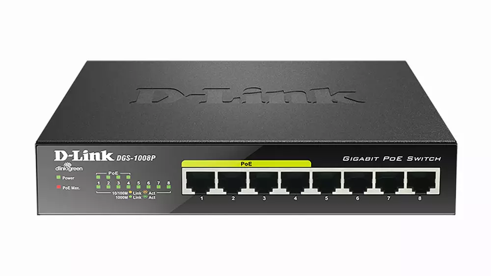 Суич D-Link DGS-1008P, 8 портов PoE, 10/100/1000, Gigabit, 