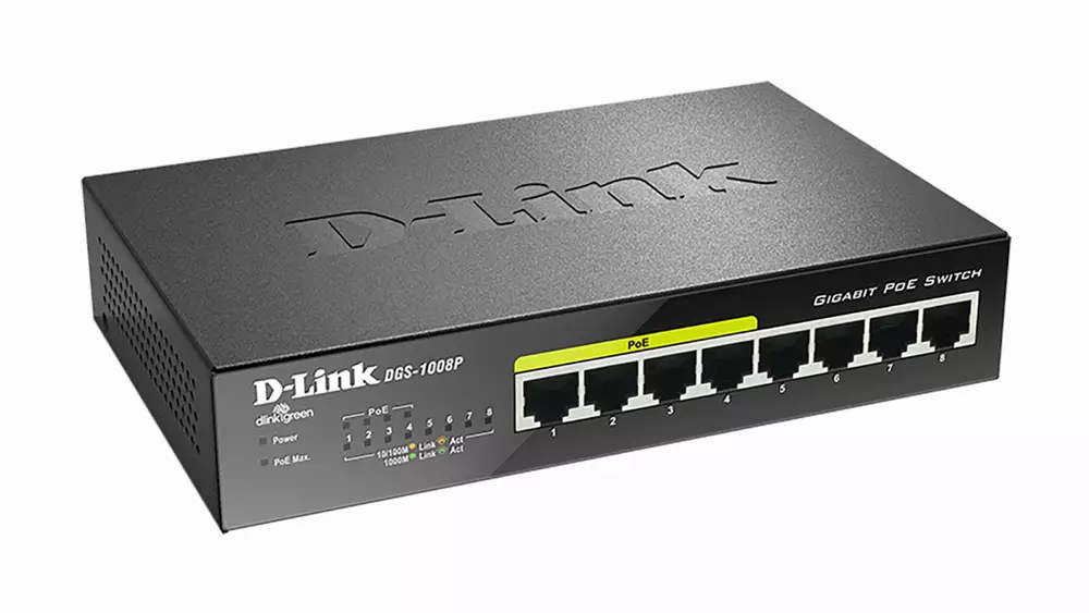Суич D-Link DGS-1008P, 8 портов PoE, 10/100/1000, Gigabit, 