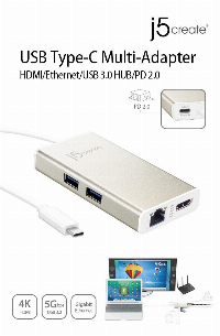 Мултипортов USB-C адаптер j5Create JCA374 -HDMI/Ethernet/ USB 3.0 хъб /PD 2.0, бял