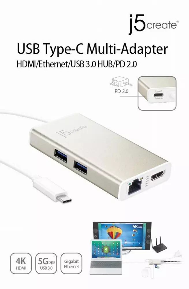 Мултипортов USB-C адаптер j5Create JCA374 -HDMI/Ethernet/ USB 3.0 хъб /PD 2.0, бял