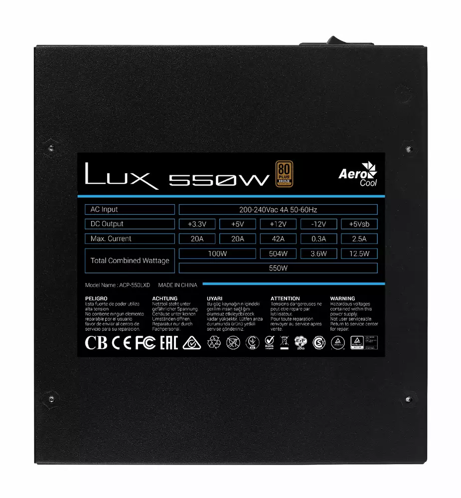 Захранване AeroCool PSU LUX 550W 80+ Bronze