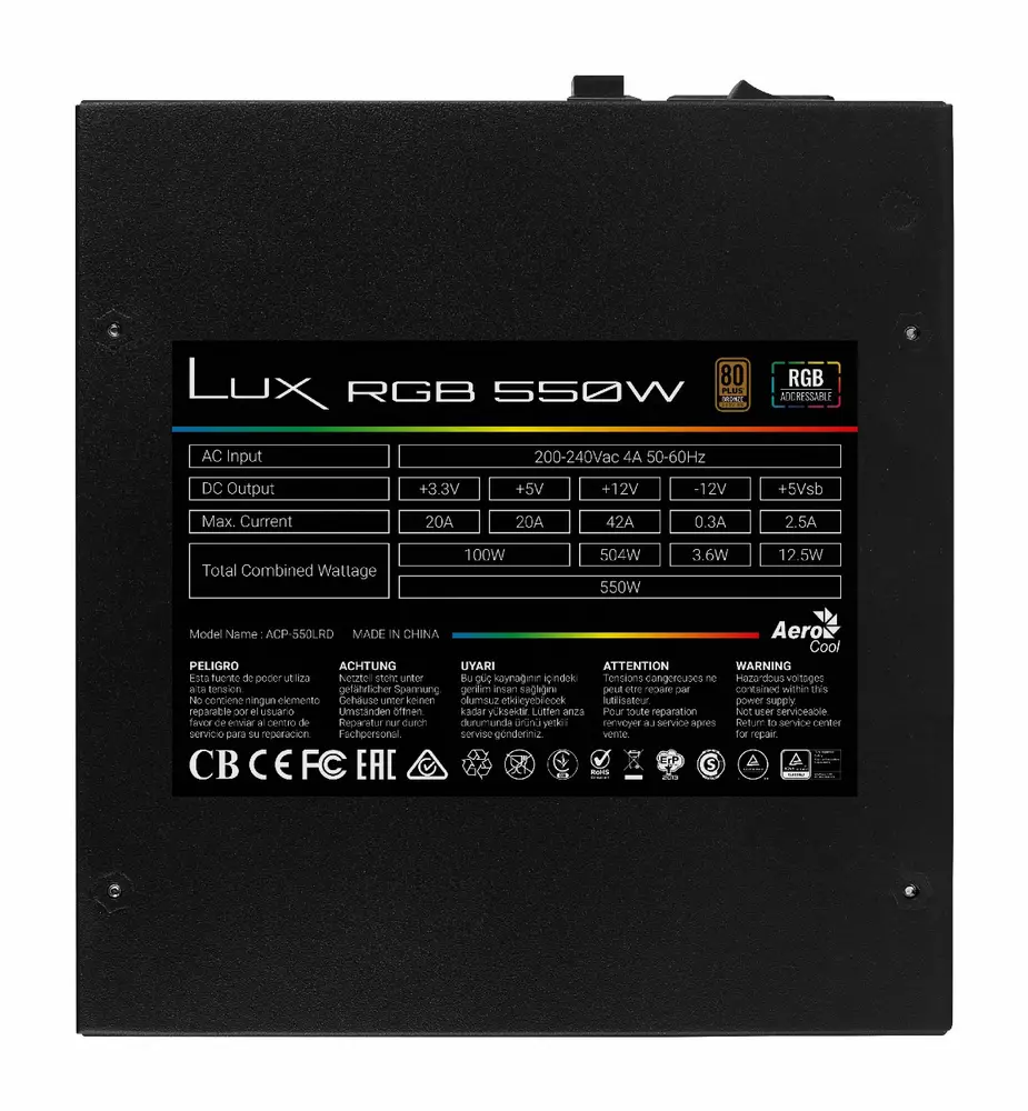 Захранване AeroCool LUX RGB 550W 80+ Bronze PSU