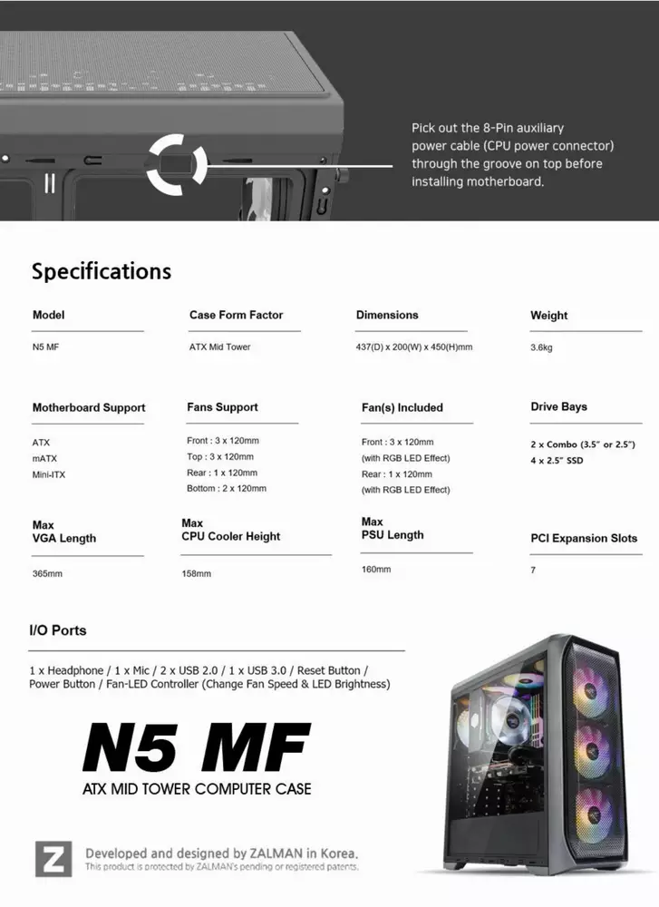 Кутия Zalman N5 MF 4 x 120mm Fixed RGB