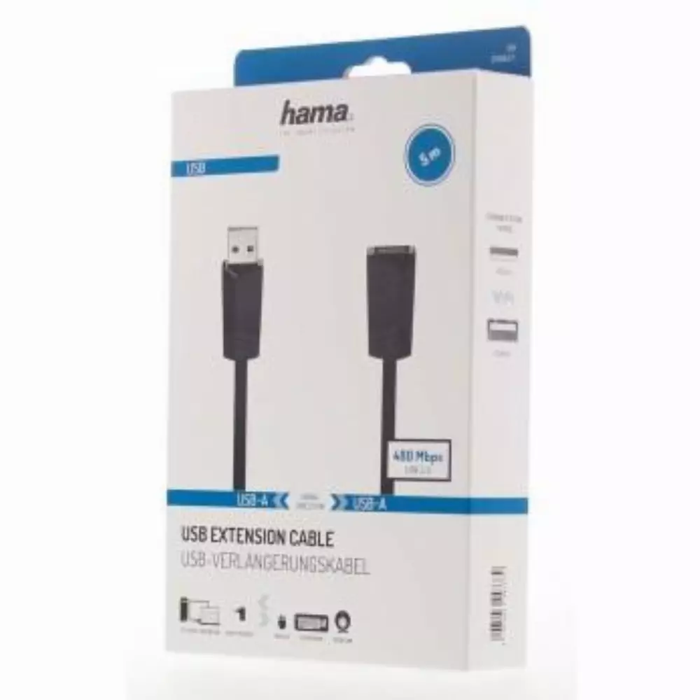 Удължителен кабел HAMA 200621 USB-A женско - USB-A мъжко, 5 м, екраниран, черен