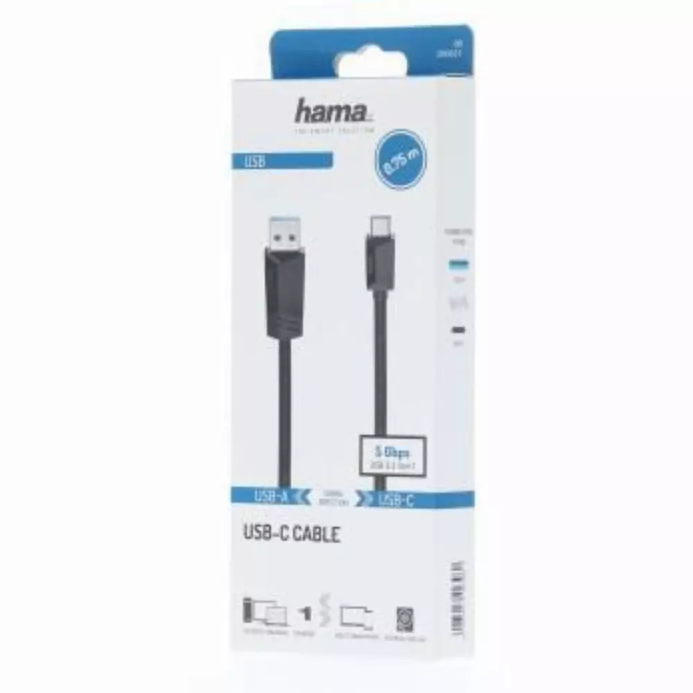 Кабел HAMA 200651 USB-C мъжко-USB-A мъжко, USB 3.2 Gen 1, 5Gbit/s, 0.75 м., Черен