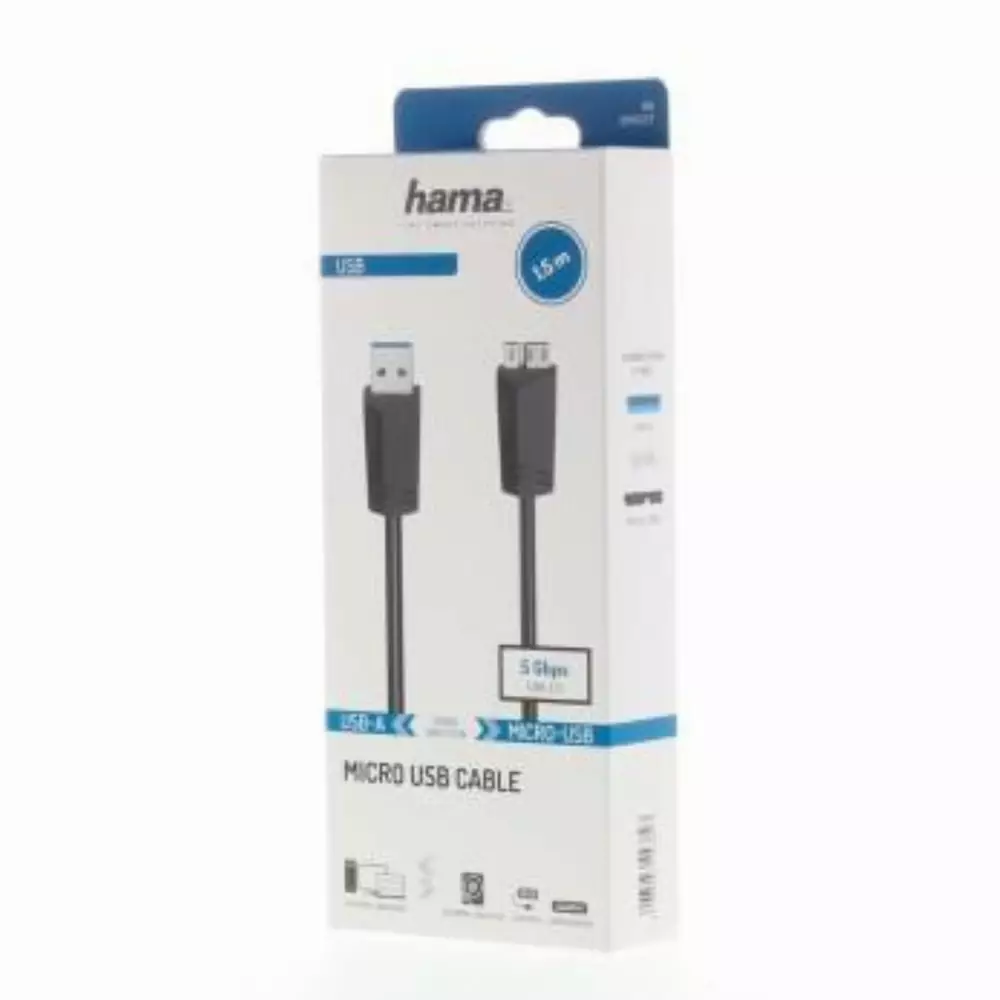 Кабел HAMA  USB 3.0 A мъжко - USB 3.0 Micro B мъжко, 1.5 м, 5Gbit/s