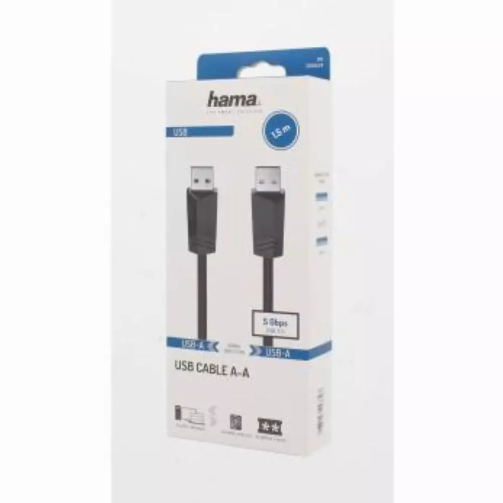 Кабел HAMA  USB 3.0, USB-A мъжко - USB-А мъжко, 1.5 м, 5Gbit/s, екраниран