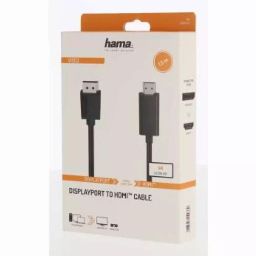 Кабел HAMA DisplayPort v.1.2 мъжко - HDMI мъжко,Ultra-HD, 4K, 1.5м