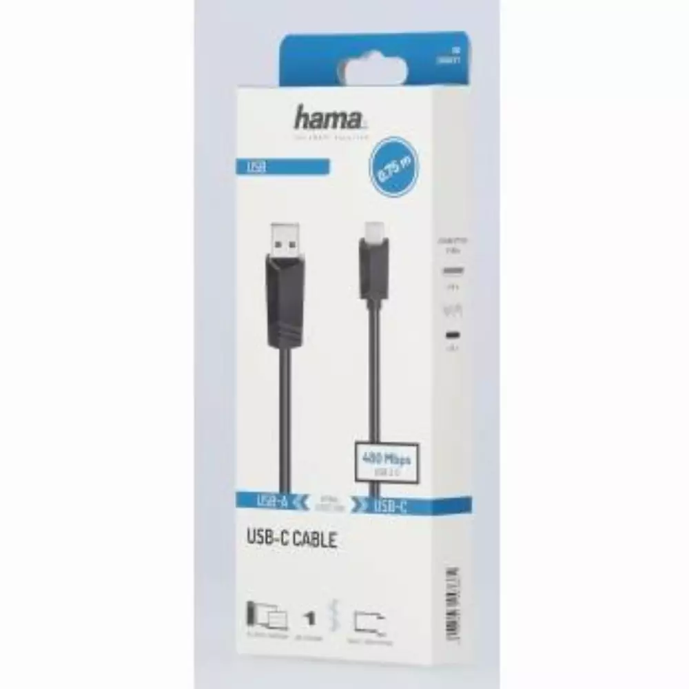 Кабел HAMA  USB-C мъжко - USB 2.0 A мъжко, 480Mbit/s,0.75 м, Черен