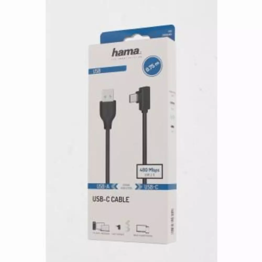 Кабел HAMA USB-C мъжко- USB A, 90&deg;, 0.75 м, USB 2.0, 480Mbit/s, Черен