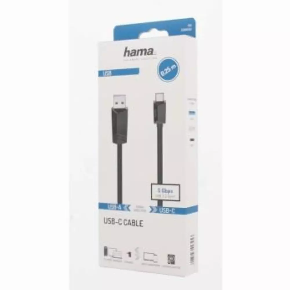 Кабел HAMA 200651 USB-C мъжко-USB-A мъжко, USB 3.2 Gen 1, 5Gbit/s, 0.25 м., Черен