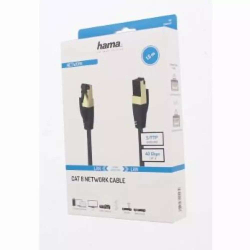 Мрежов пач кабел HAMA S/FTP, CAT 8, RJ-45 - RJ-45, 40Gbit/s, 1.50 m, Halogen-free, Черен