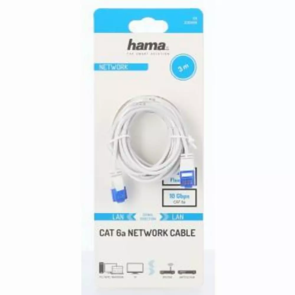 Мрежов кабел HAMA Flexi-Slim, U/UTP CAT 6a, 10 Gbit/s, RJ-45 - RJ45, 3.0 m, Бял