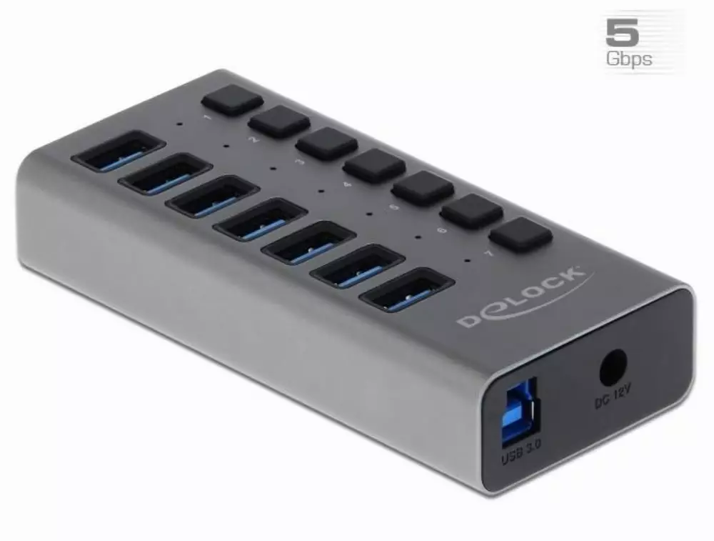 USB хъб Delock 63669, 7 x USB-A, 1 x USB-B, 5 Gbps, Превключвател, LED индикатор, Сив