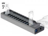 USB хъб Delock 63738, 13 x USB-A, 1 x USB-B, 5 Gbps, Превключвател, LED индикатор, Сив