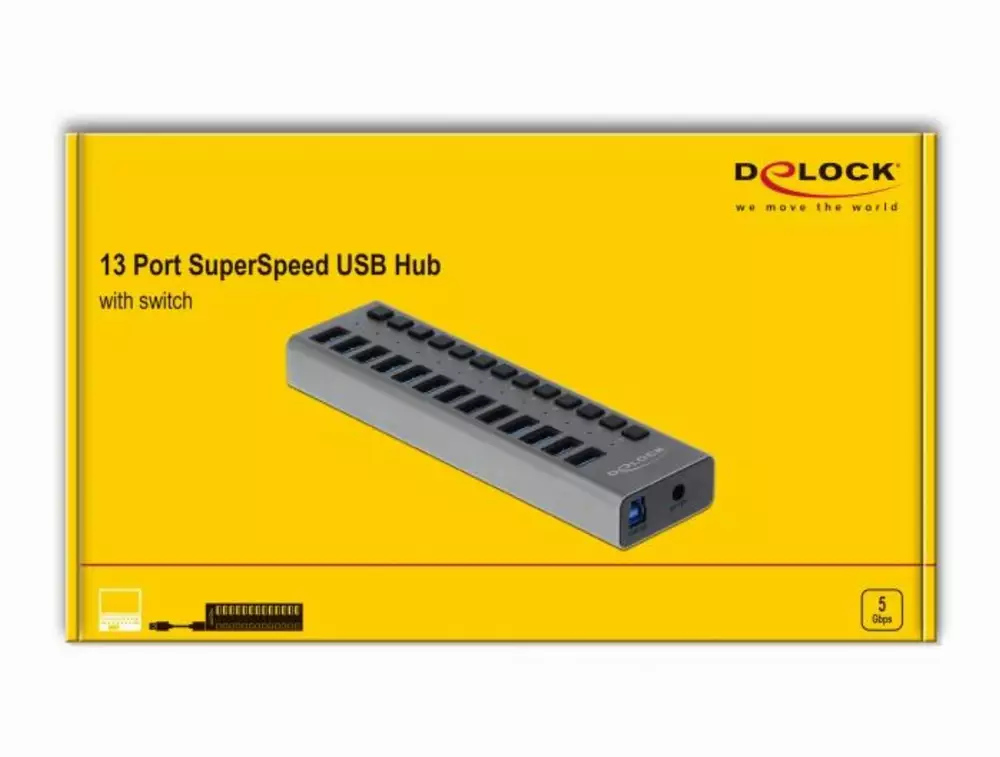 USB хъб Delock 63738, 13 x USB-A, 1 x USB-B, 5 Gbps, Превключвател, LED индикатор, Сив