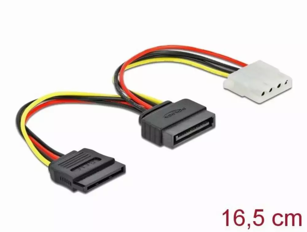 Кабел DeLock 65235 , SATA 15 pin мъжко към Molex 4 pin женско + SATA 15 pin женско