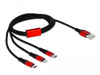 Кабел за зареждане Delock  3 в 1, USB - Lightning/ Micro USB/ USB-C, 1м, Черен/Червен