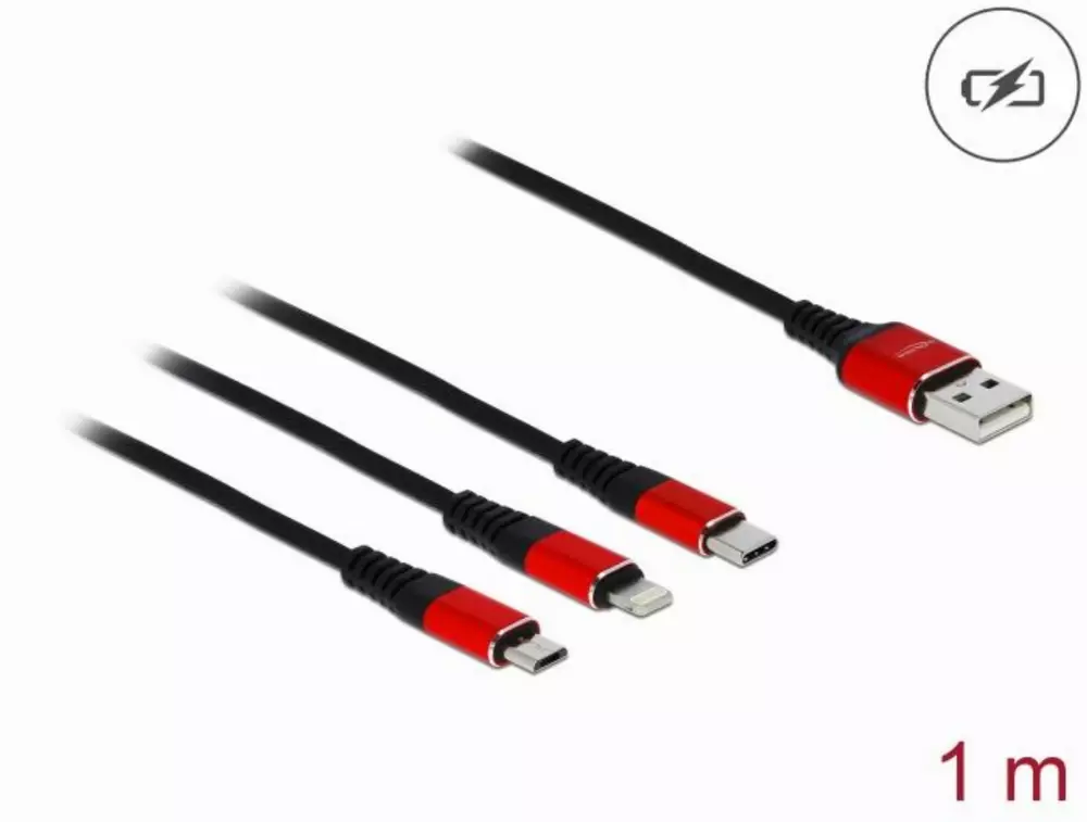 Кабел за зареждане Delock  3 в 1, USB - Lightning/ Micro USB/ USB-C, 1м, Черен/Червен