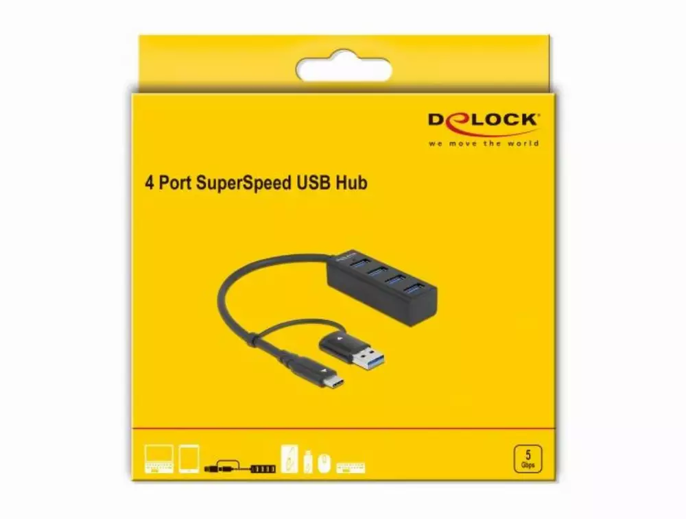 USB хъб Delock 63828, 3.2 Gen 1, 4 x USB-A, USB-C, USB-A конектор, Черен