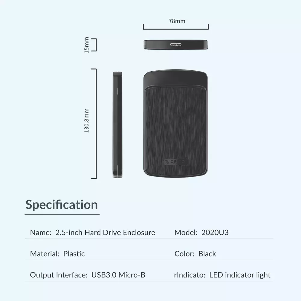 Външна кутия за диск Orico 2020U3-BK Storage Case 2.5" USB3.0