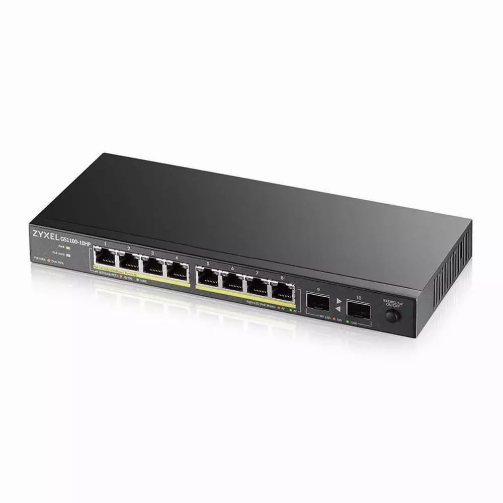 Суич ZYXEL GS1100-10HP, 8-портов, Gigabit, PoE, 2xSFP, за монтиране в шкаф