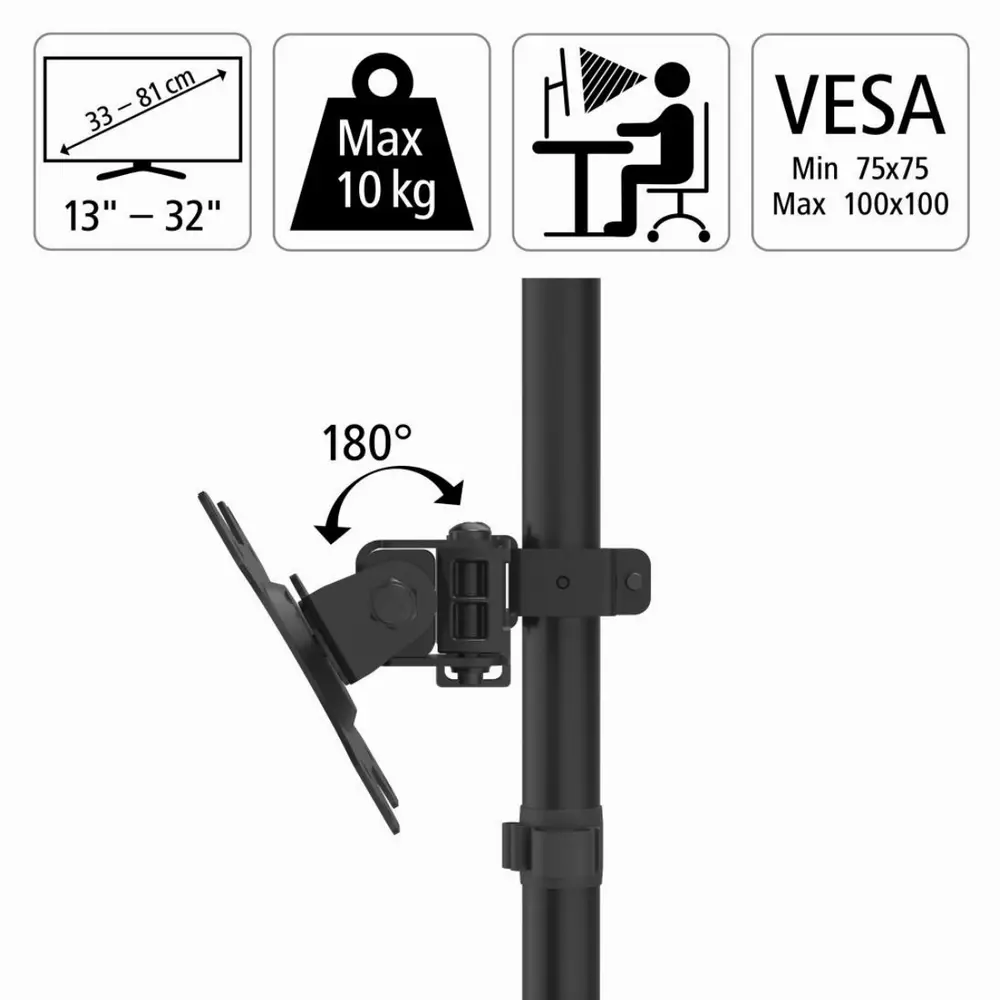 Стойка за монитор за бюро HAMA Регулируема, 13" - 32", 10 кг, Swivel/Tilt, Черен