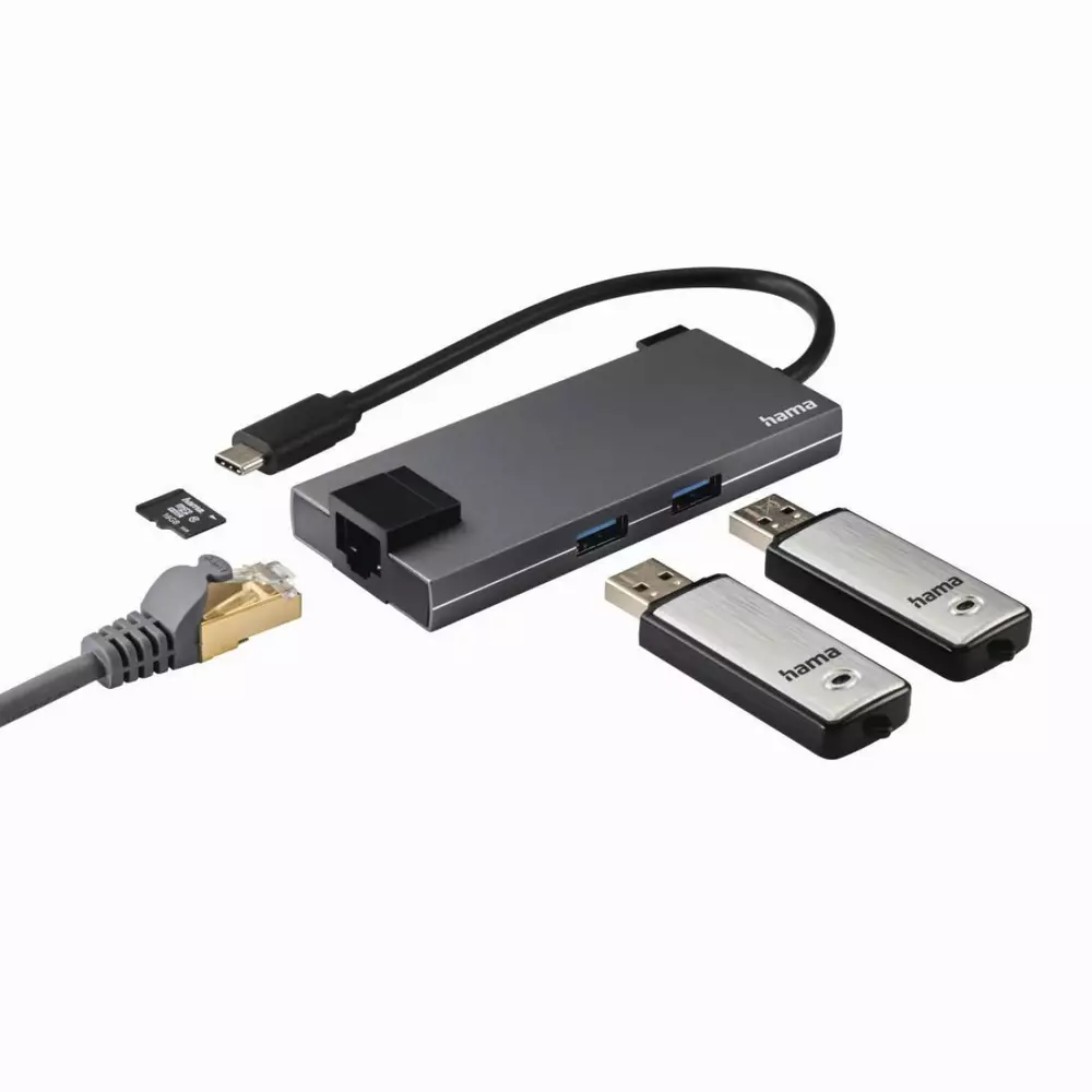 USB хъб HAMA Multiport 5-портов USB-C, 2 x USB-A, 1 x USB-C, 1 x HDMI, 1х LAN, Сив