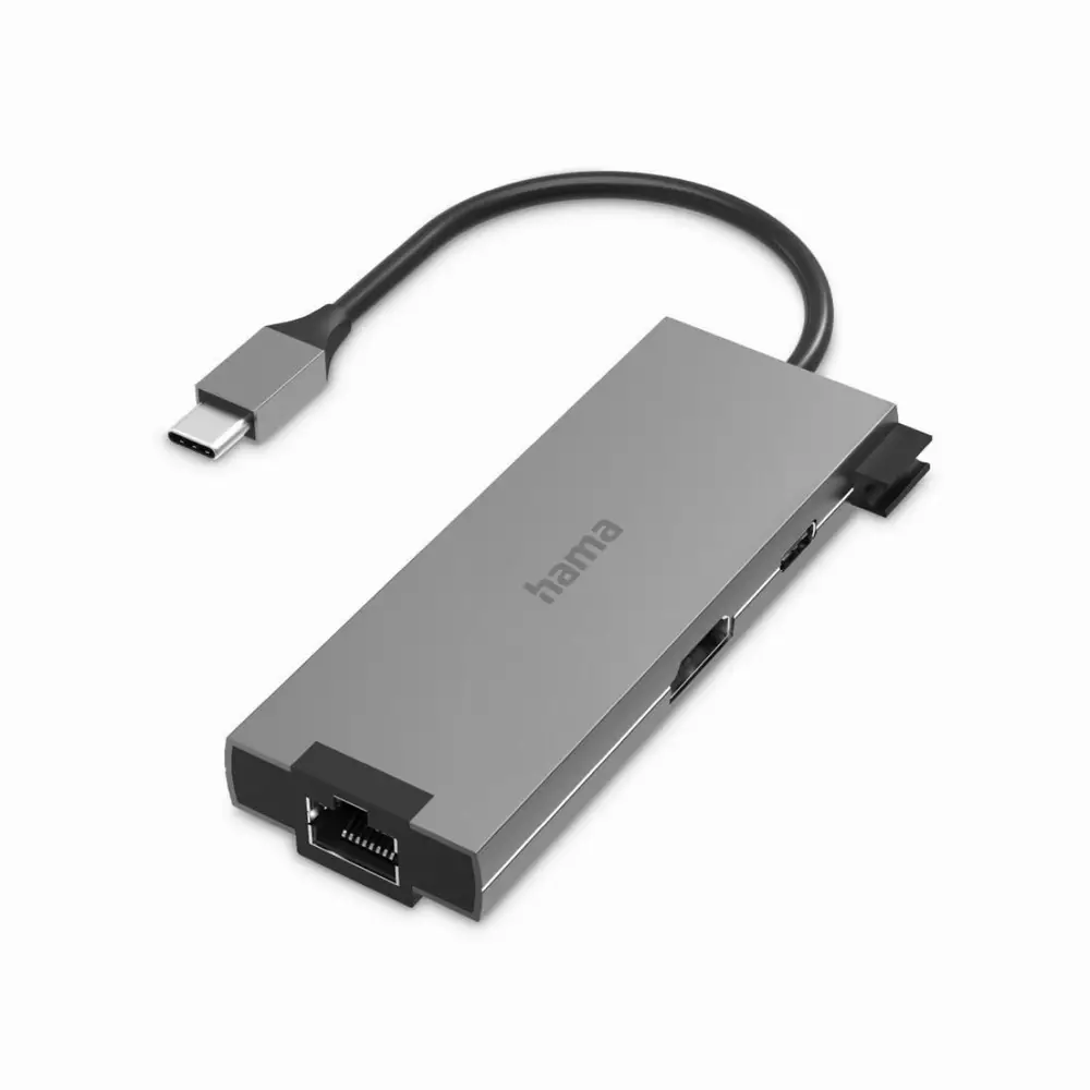 USB хъб HAMA Multiport 5-портов USB-C, 2 x USB-A, 1 x USB-C, 1 x HDMI, 1х LAN, Сив