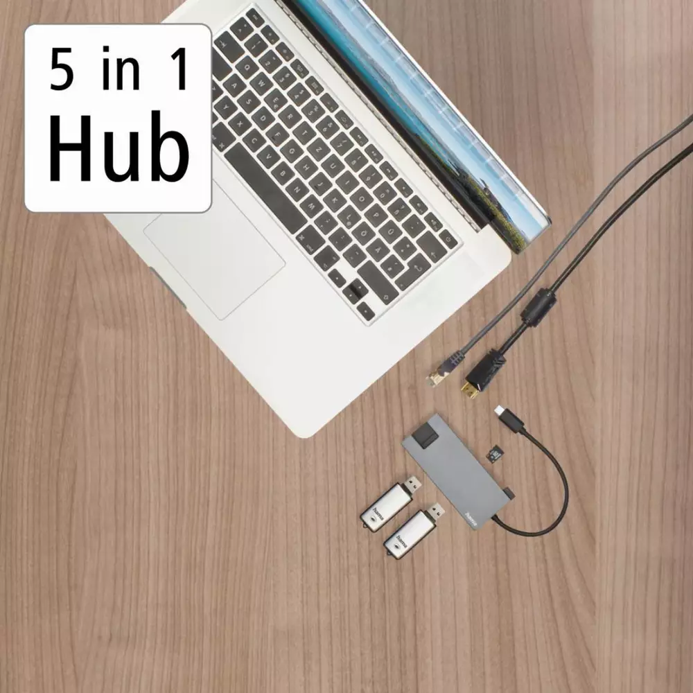 USB хъб HAMA Multiport 5-портов USB-C, 2 x USB-A, 1 x USB-C, 1 x HDMI, 1х LAN, Сив