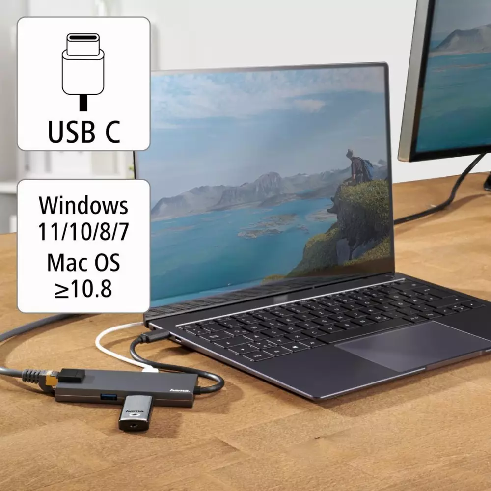 USB хъб HAMA Multiport 5-портов USB-C, 2 x USB-A, 1 x USB-C, 1 x HDMI, 1х LAN, Сив