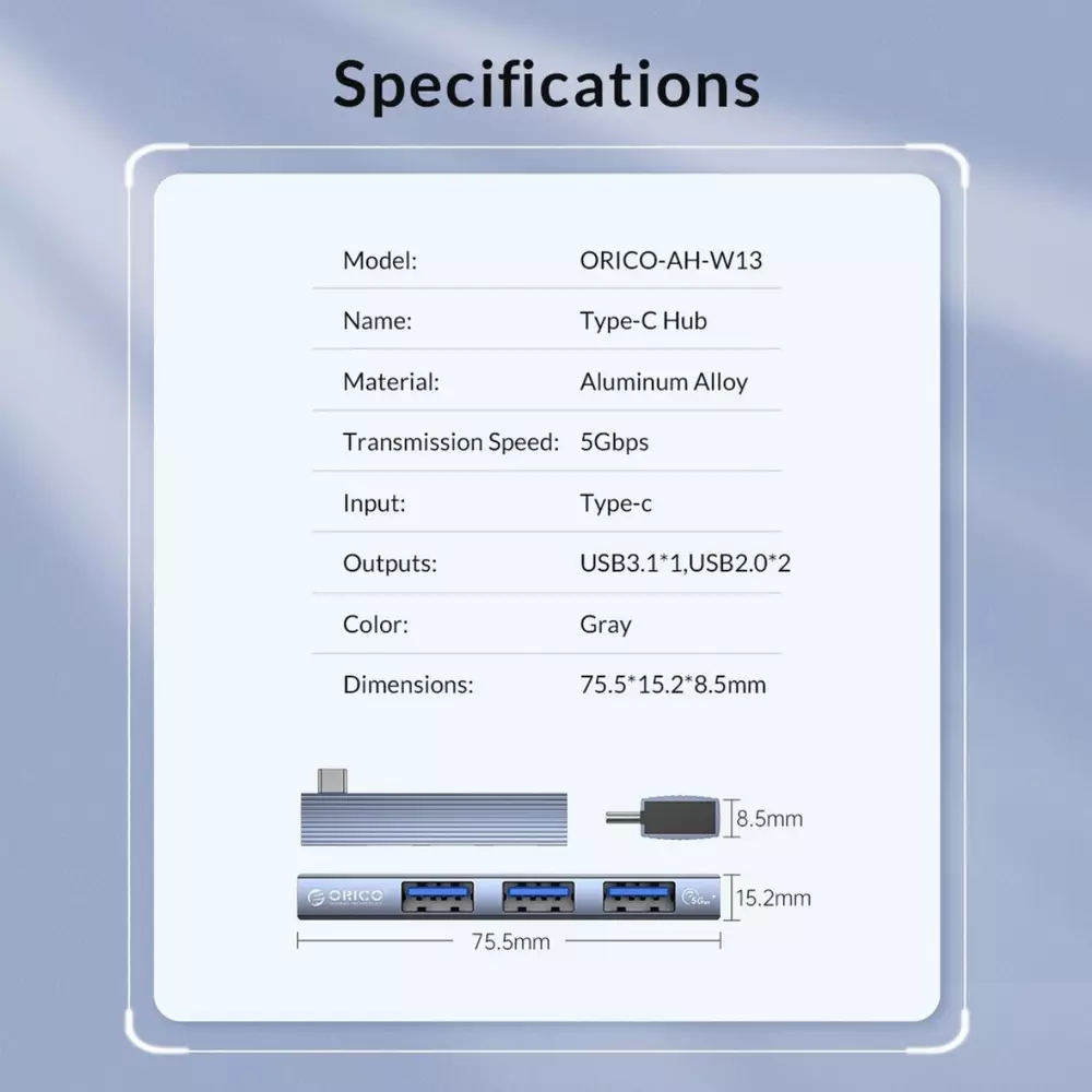 USB хъб Orico HUB 3 port USB3.0/2.0 TYPE-C Aluminum - AH-W13-GY
