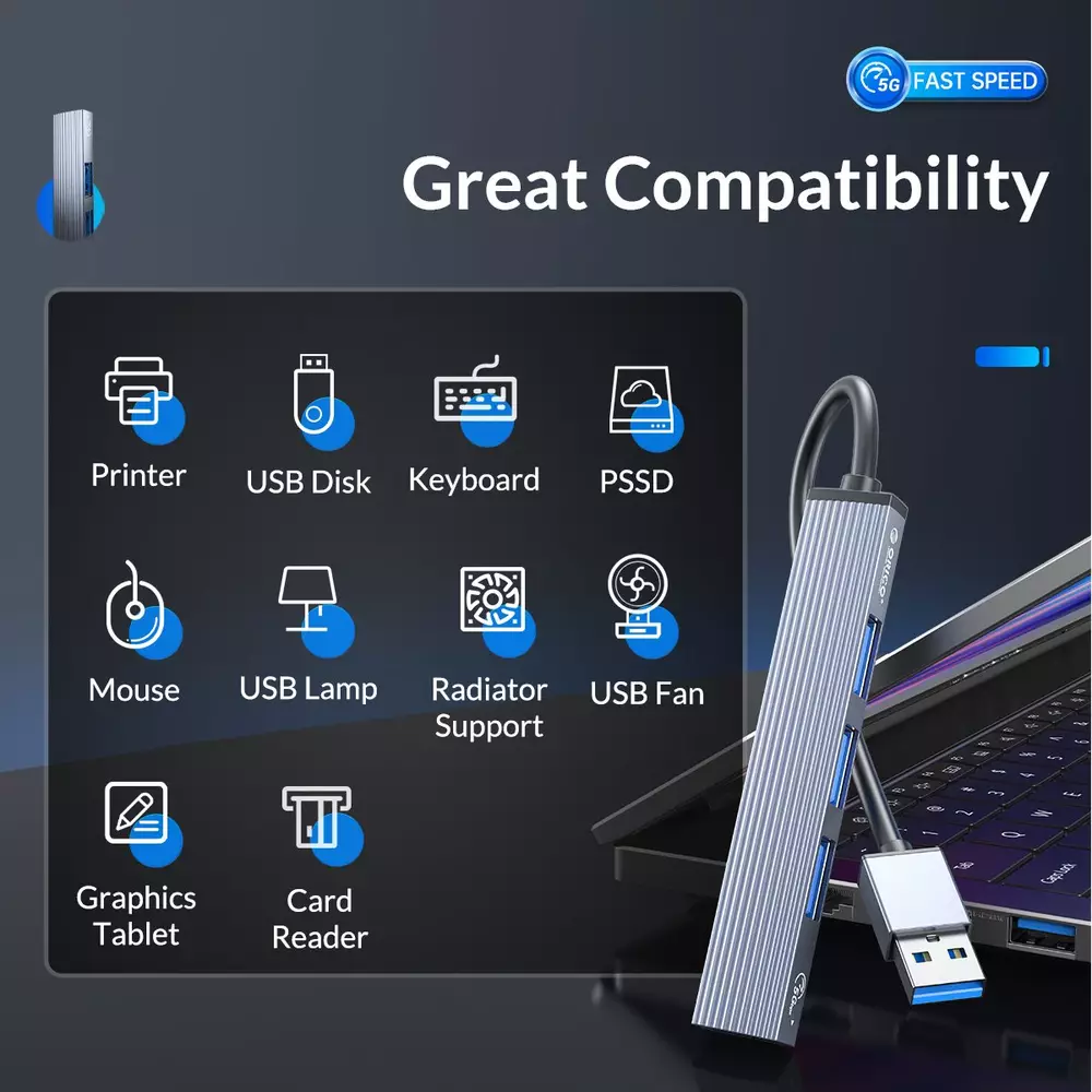 USB хъб Orico HUB 4 port USB 3.0 Aluminum - AH-A13-GY