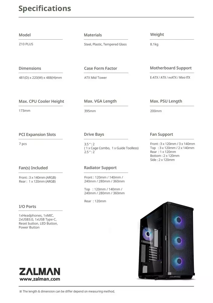 Кутия Zalman Z10 Plus TG EATX ARGB Case