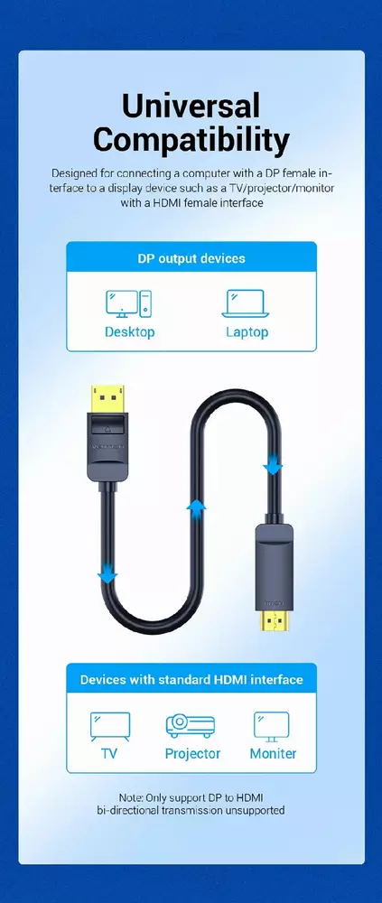 Vention кабел Cable DisplayPort to HDMI 3.0m - 4K, Gold Plated - HAGBI