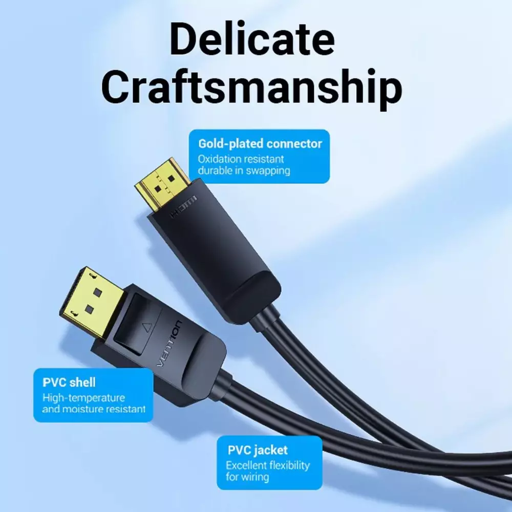 Vention кабел Cable DisplayPort to HDMI 1.5m - 4K, Gold Plated - HAGBG