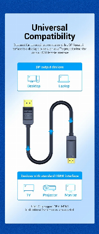 Vention кабел Cable DisplayPort to HDMI 1.5m - 4K, Gold Plated - HAGBG