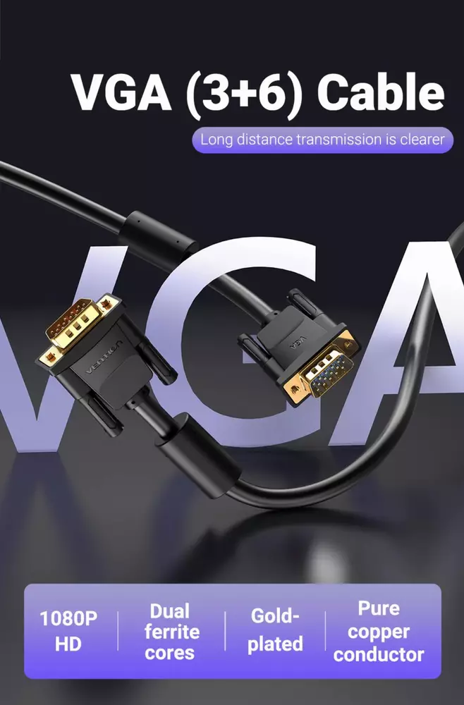 Vention Кабел за монитор Cable VGA HD15 M / M 2.0m Gold Plated, 2 Ferrites - DAEBH