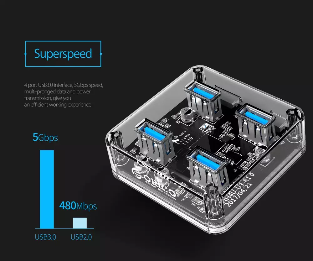 Orico хъб USB3.0 HUB 4 port transparent, 1m cable - MH4U-U3-03-CR