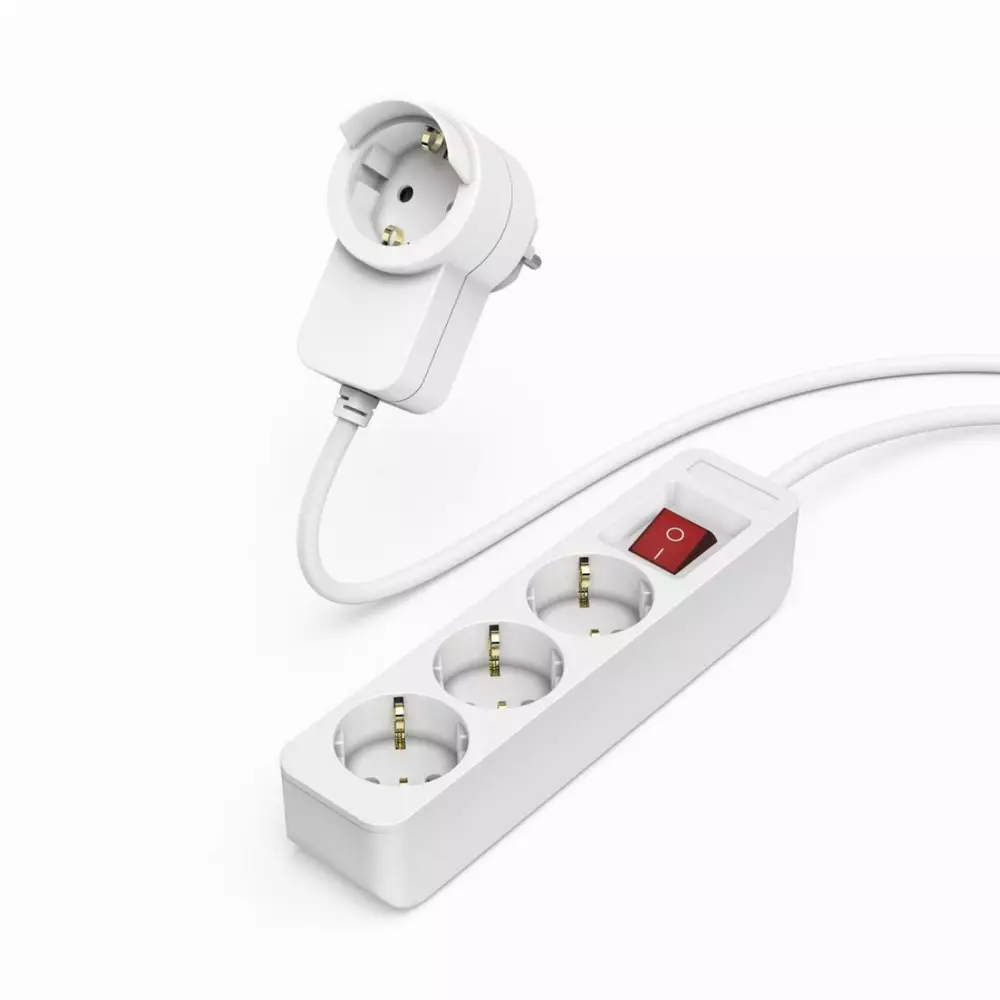 Разклонител HAMA Power strip, 3 гнезда, 1.4м, Допълнителен контакт, Бутон вкл/изкл, Бял