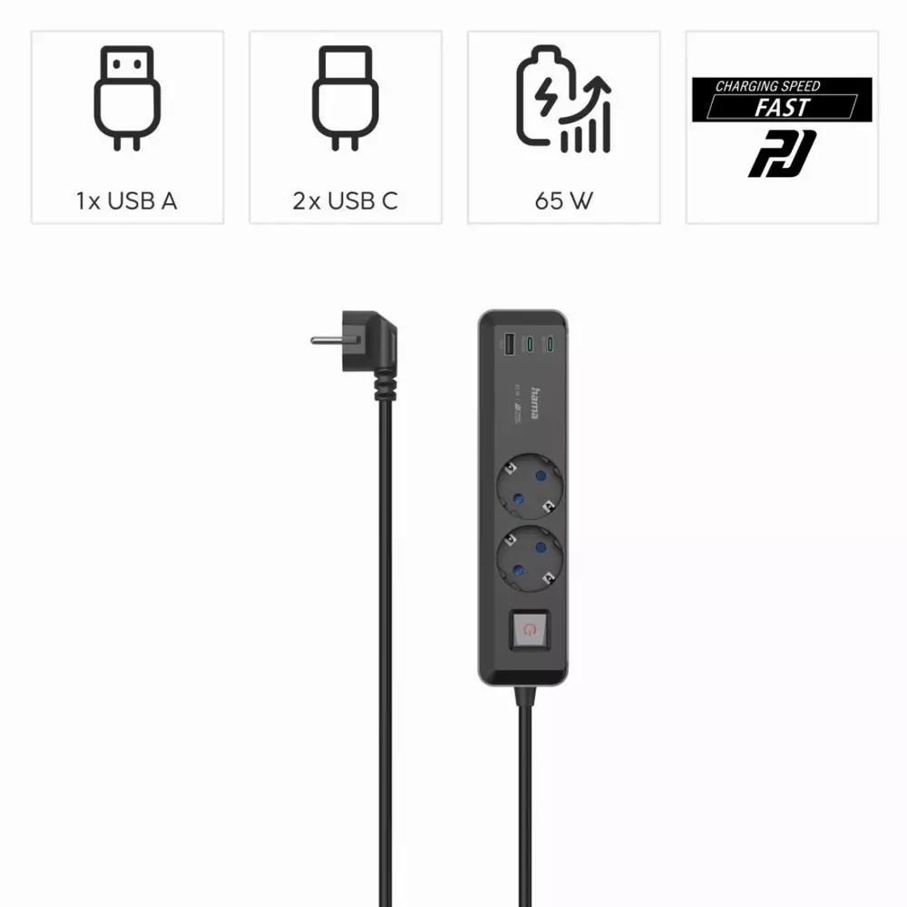 Разклонител Hama ,2-гнезда, USB-C/A 65 W, PD, ключ on/off , 1.4 m, черен/сив