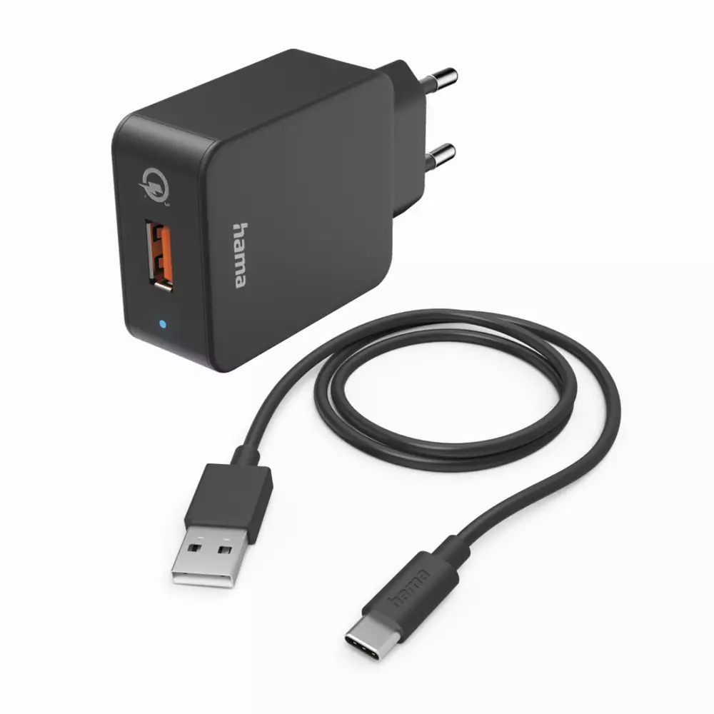 Мрежово зарядно HAMA, 220V, USB-C, Qualcomm, Quick Charge, 19.5W, Вкл. кабел, Черен