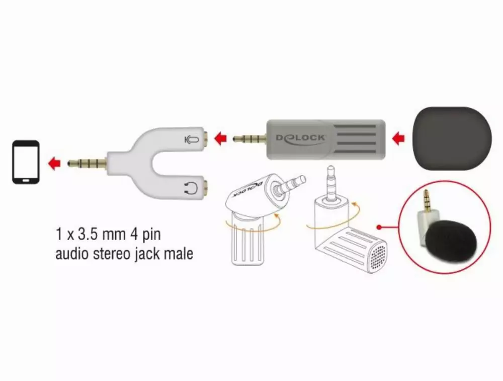 Микрофон DeLock 65893, За смартфон/таблет, 3.5 mm 4 Pin Stereo Jack 90&deg;, Сребрист