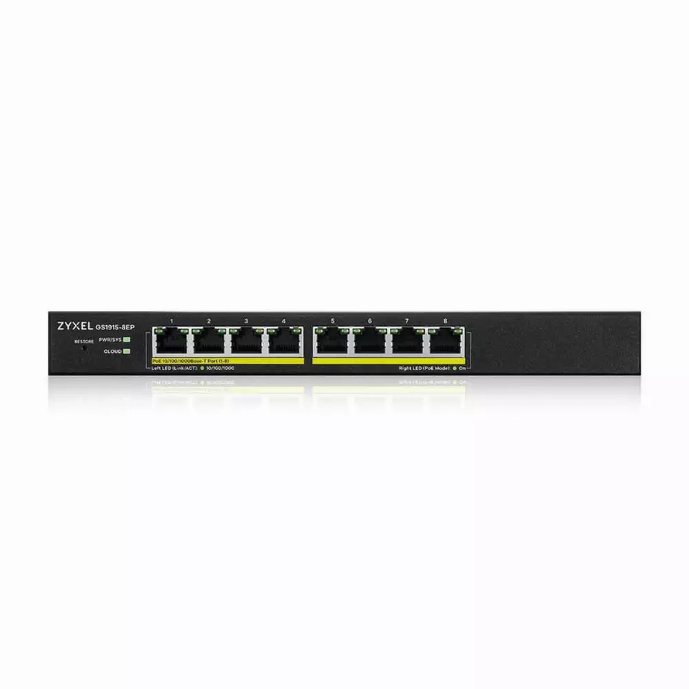 Суич 8-портов ZyXEL GS1915-8, Gigabit, управляем, standalone или Nebula управление, PoE