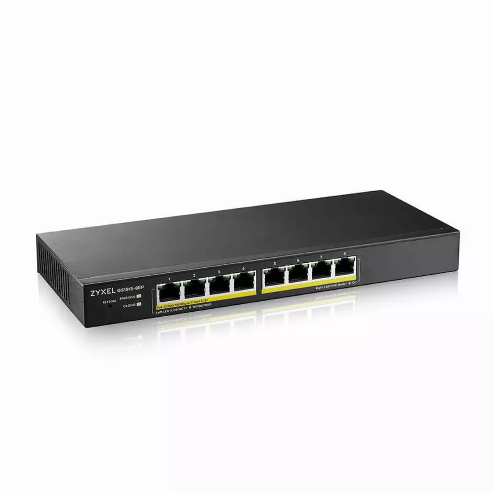 Суич 8-портов ZyXEL GS1915-8, Gigabit, управляем, standalone или Nebula управление, PoE
