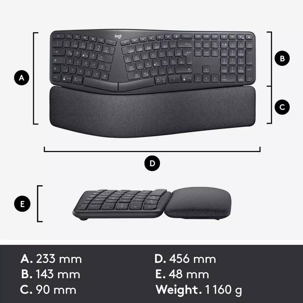 Безжична клавиатура Logitech ERGO K860, Ергономична, Сива