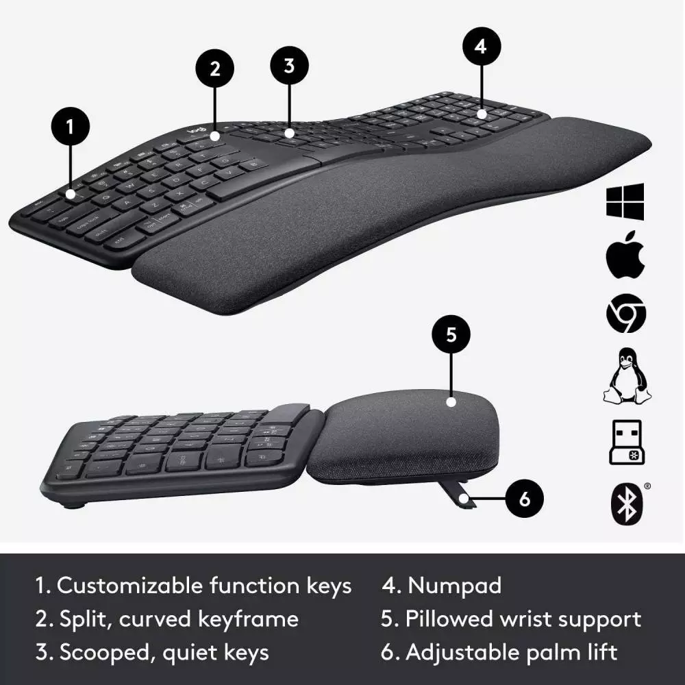 Безжична клавиатура Logitech ERGO K860, Ергономична, Сива
