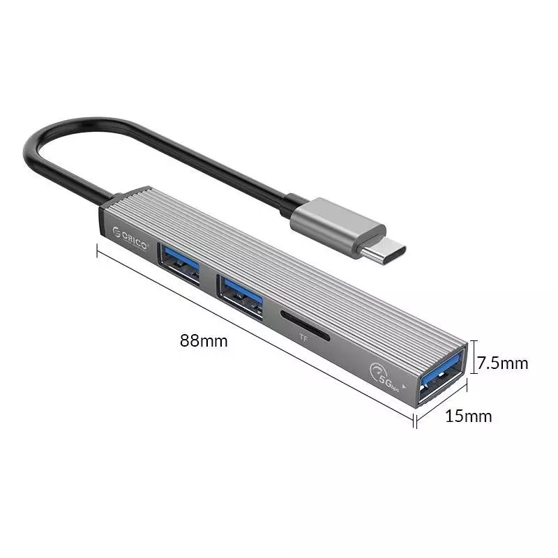 Orico хъб USB3.0/2.0 HUB 3 port + card reader TYPE C, Aluminum - AH-12F-GY