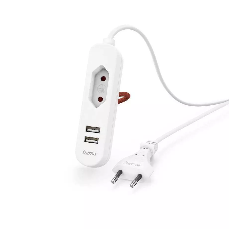 Hama USB захранване/разклонител с 1,9 м дълъг кабел и евробукса, 2x USB-A, бял